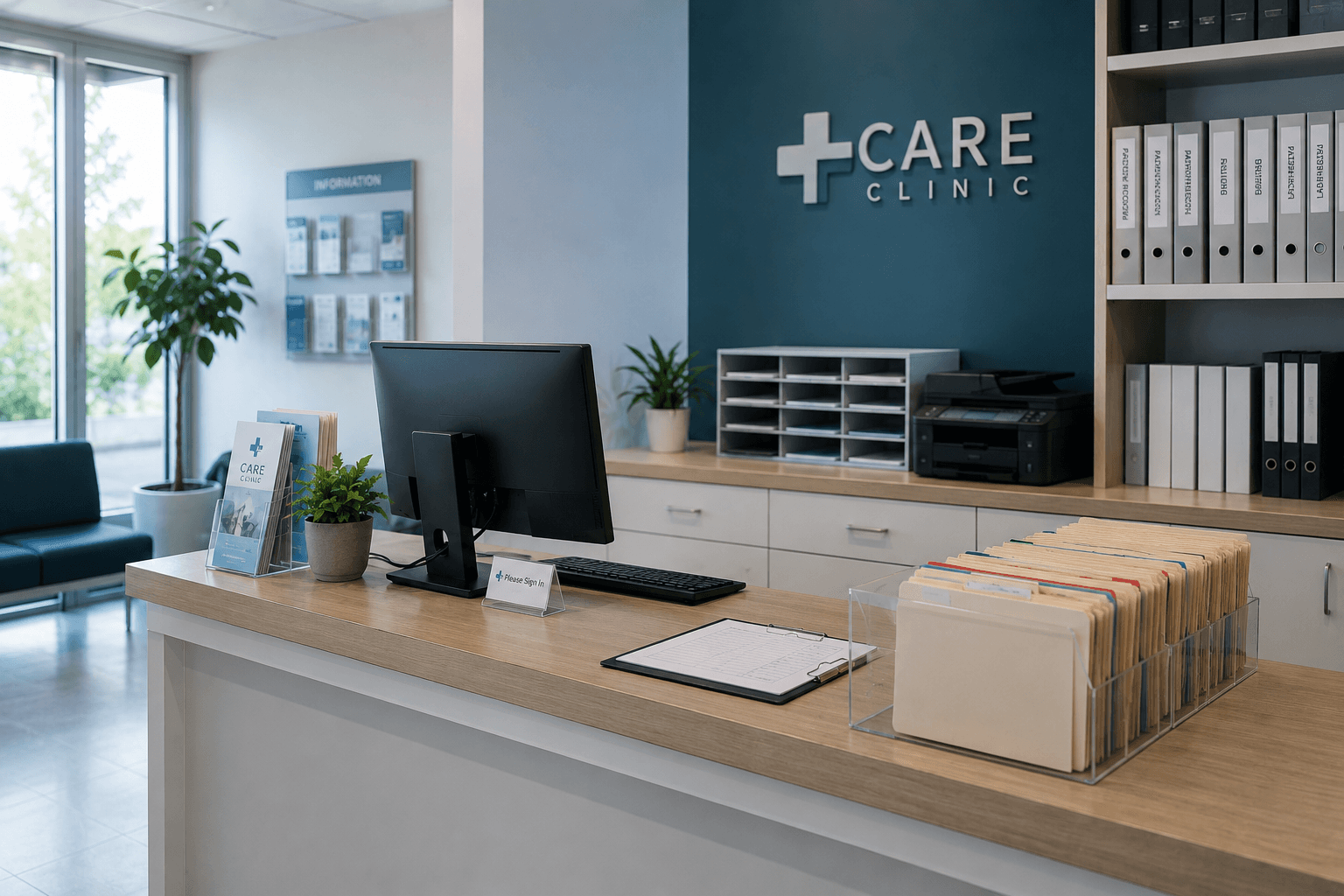 Modern clinic reception with computer and patient records