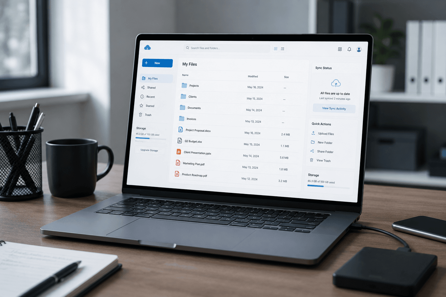 Laptop showing cloud storage and files