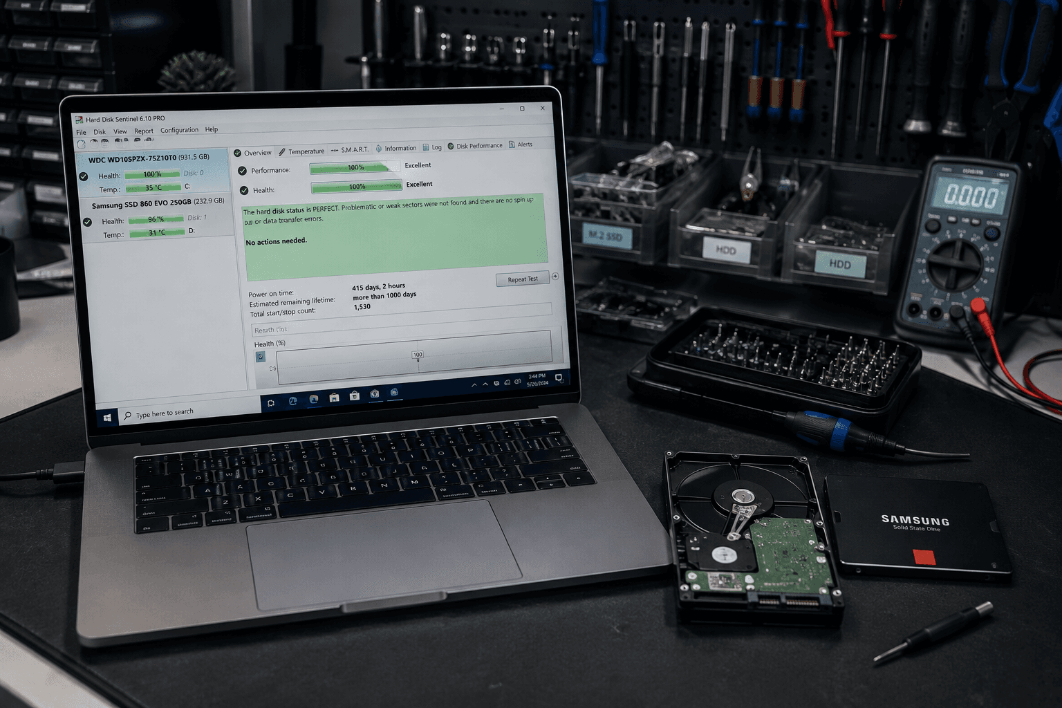 Laptop opened on a repair workbench for data recovery