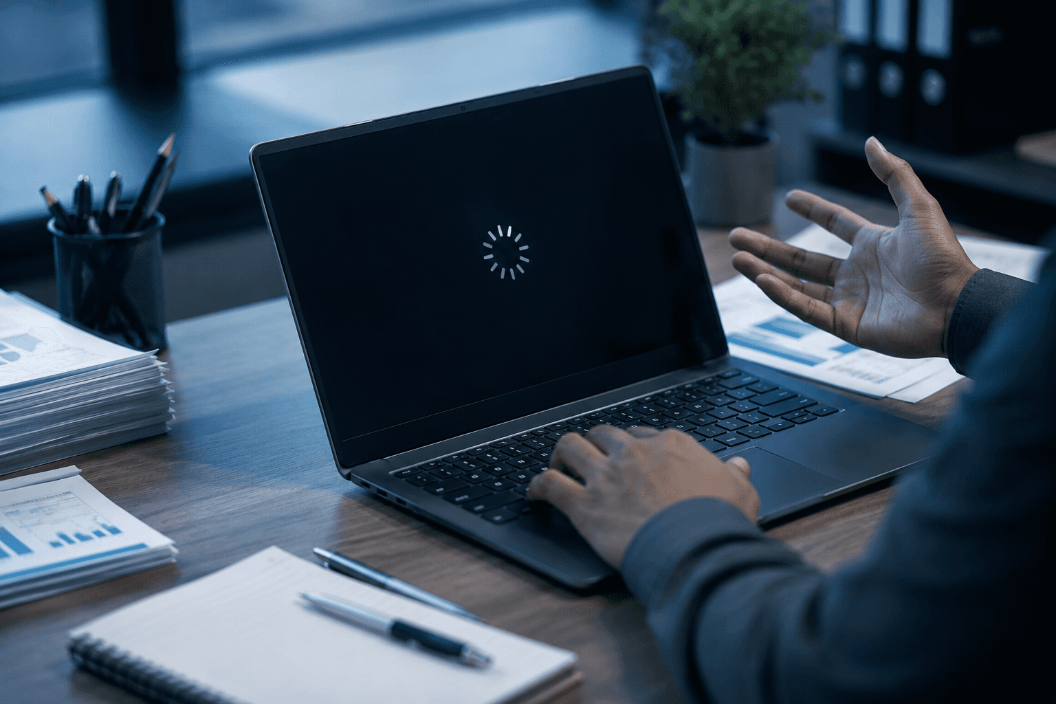 Frustrated person using a slow laptop