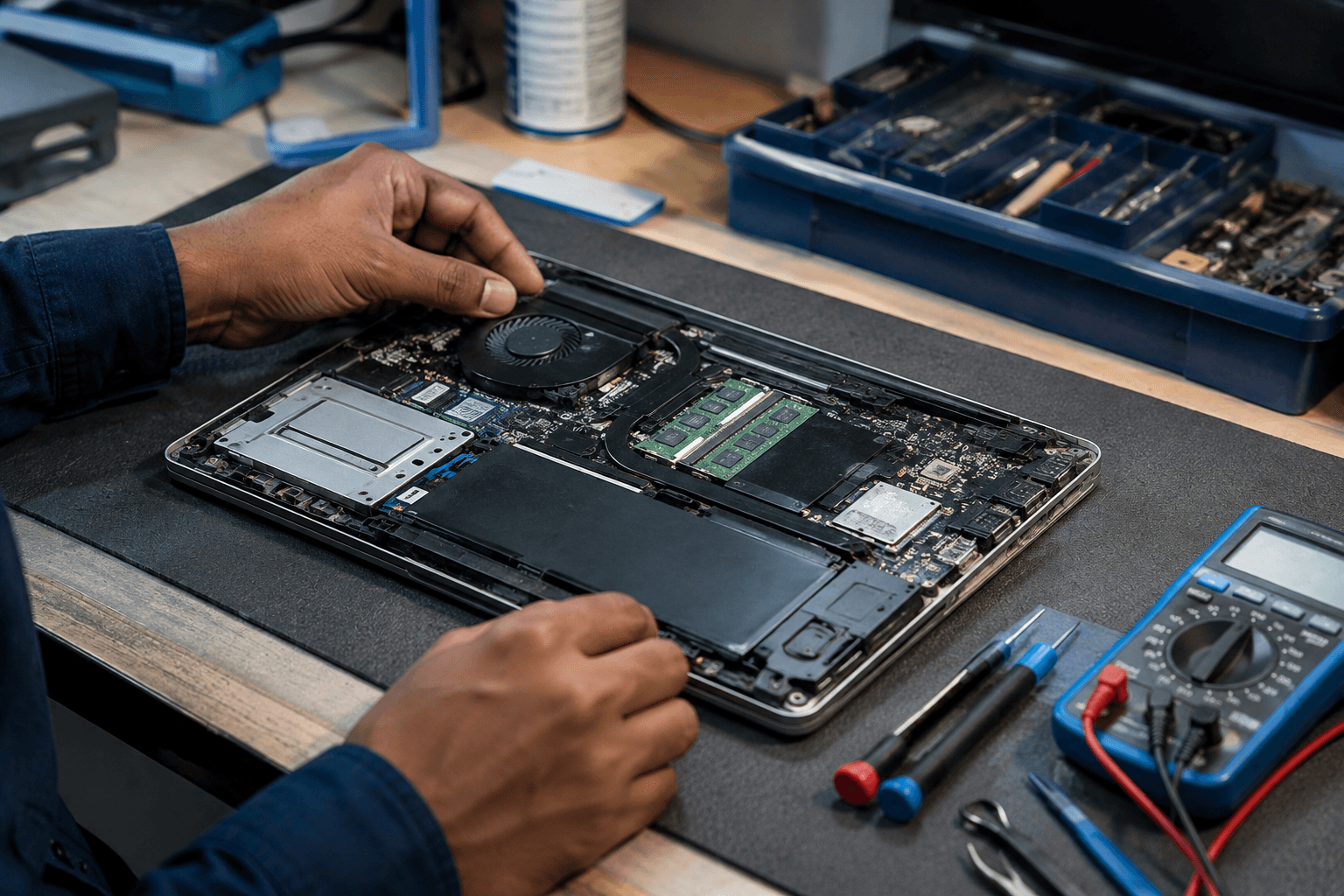Refurbished laptop being inspected