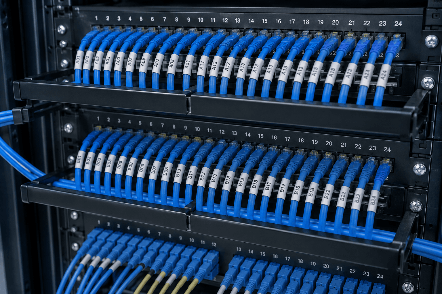 Structured cabling patch panel with neatly labelled cables
