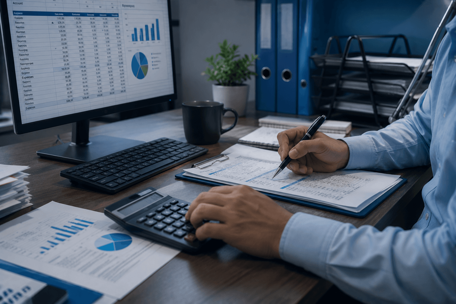 Accountant working with Tally software on a computer